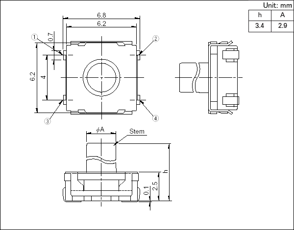 6*6alps轻触开关_SKRAAKE010_规格图纸